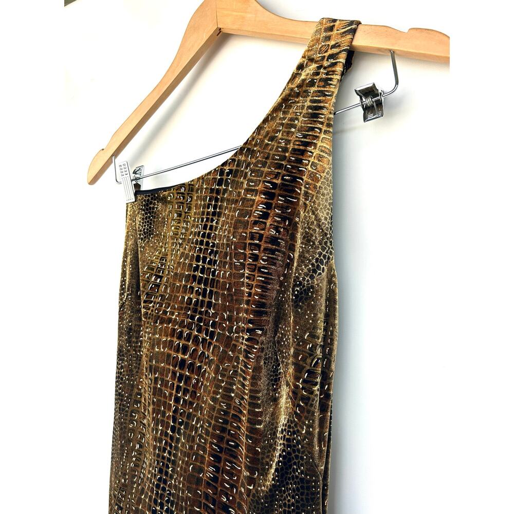 Vintage Y2K Cache Velvet Maxi Dress Brown Gold One Shoulder Gown 8 Slit - Picture 6 of 10